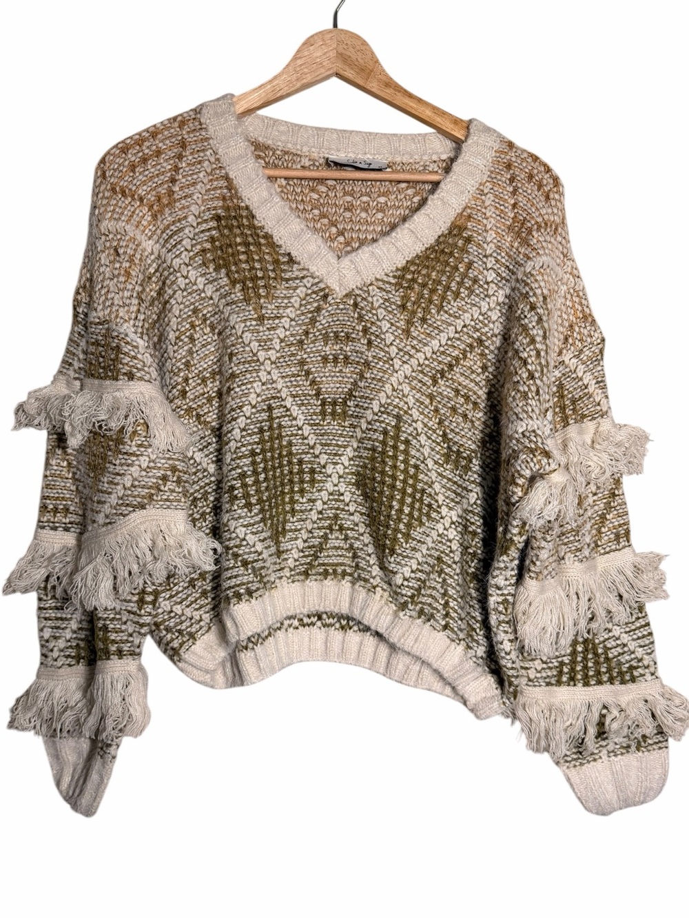 Sadie & Sage Olive and Cream Fringe V-Neck Sweater - Picture 2 of 9